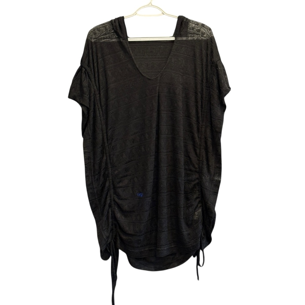 Roxy Black Tribal Open Knit Drawstring Hooded Swim Black Coverup Size Large
